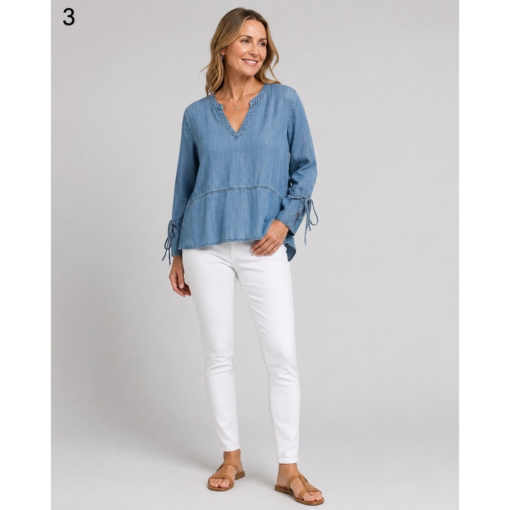 Cloth & Stone Chambray Popover‎ Top Womens Small Blue Tencel Tie Sleeves